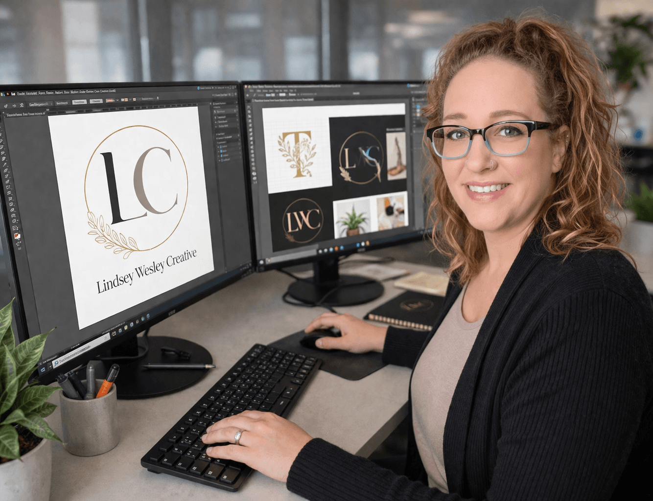 Smiling woman with glasses designing logos for Lindsey Wesley Creative on dual monitors.