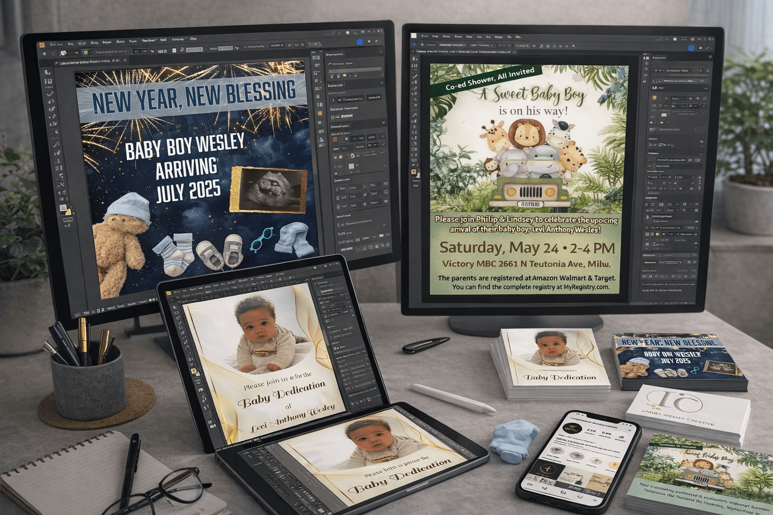 Desk with multiple screens and printed cards displaying baby announcement and event invitation designs.