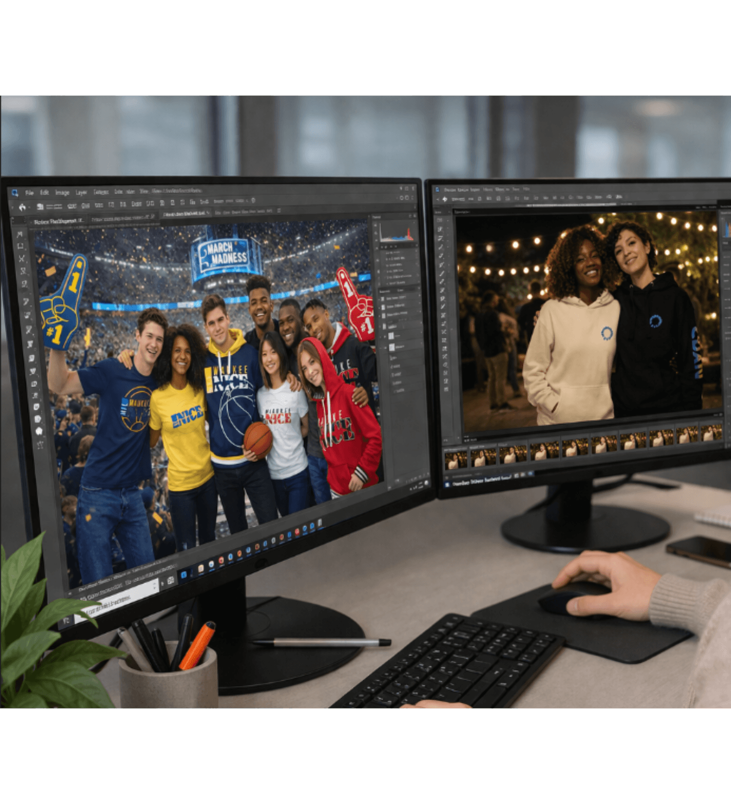 Dual monitors displaying photo editing software with images of basketball fans and friends at night.
