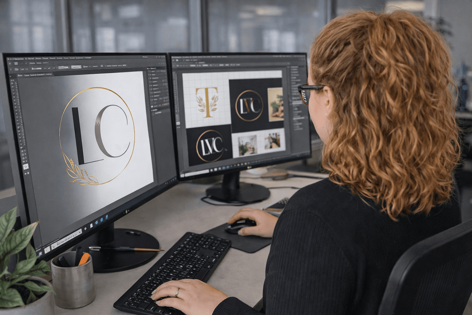 Woman with curly hair designing circular gold and black logos on dual computer monitors.